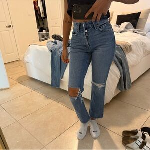 GRLFRND Blue Distressed Straight Leg Jeans size 23